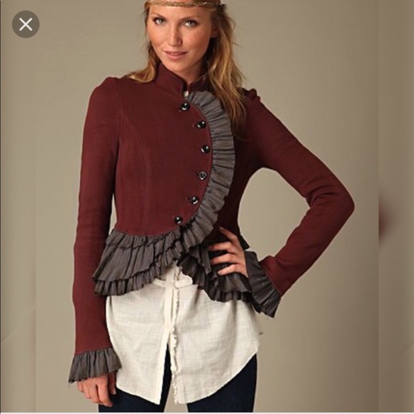 Free People Jackets & Blazers - Free People Burgundy Military Ruffle Knit Jacket